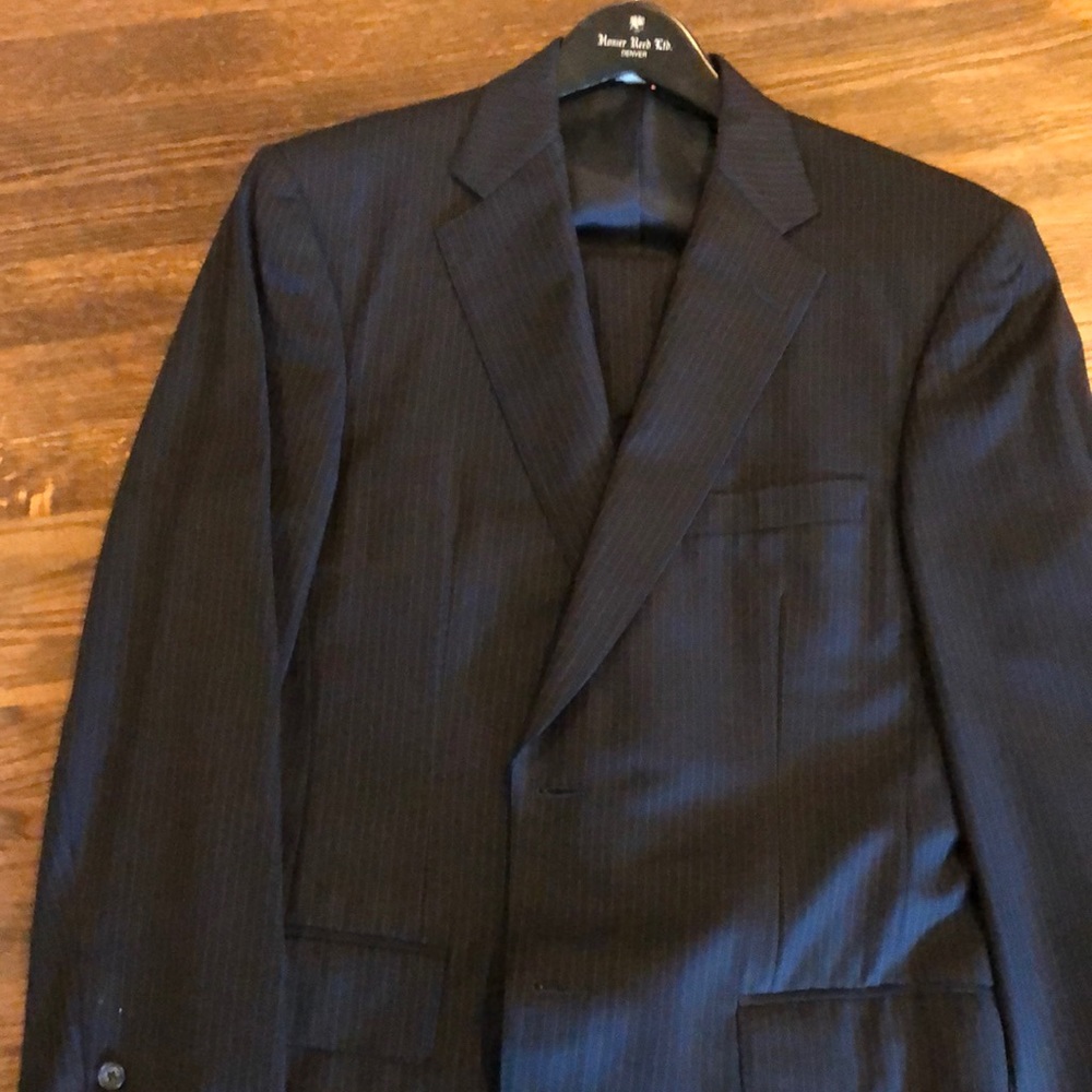 Men’s Silk Lined Wool Suit. Navy with pinstripes.